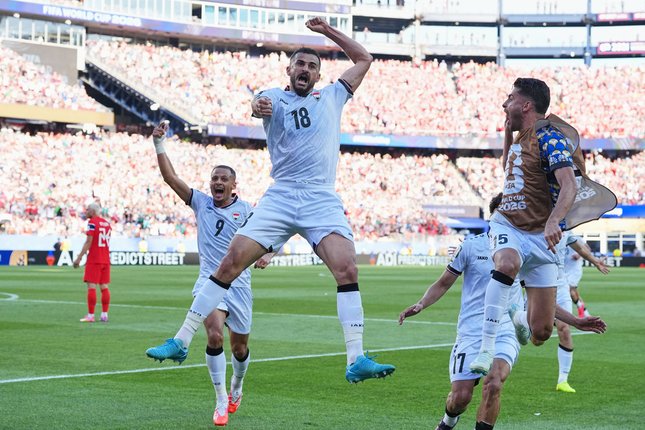 Babak Pertama Irak vs Norwegia Selebrasi Aymen Hussein dalam laga Irak vs Norwegia di Grup I Piala Dunia 2026, Rabu (17/6/2026). (c) AP Photo/Martin Meissner
