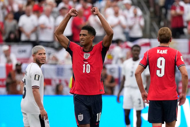 Jude Bellingham merayakan gol pada laga Inggris lawan Panama di Grup L Piala Dunia 2026 (c) AP Photo/Seth Wenig