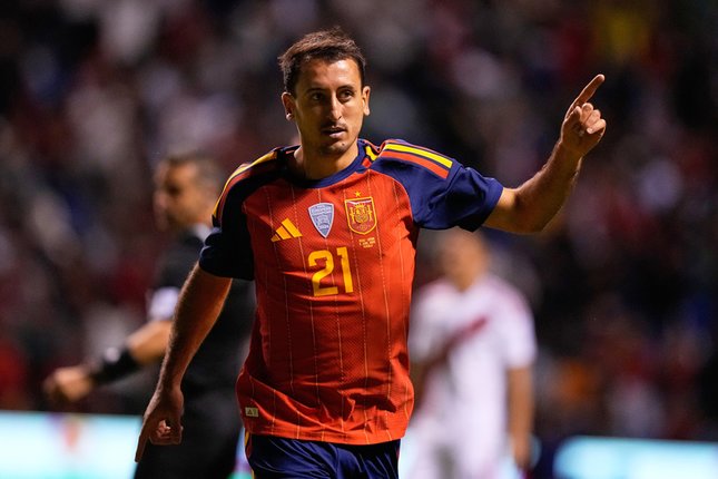 9. Uruguay vs Spanyol Selebrasi Mikel Oyarzabal dalam laga Peru vs Spanyol, Selasa (9/6/2026). (c) AP Photo/Fernando Llano