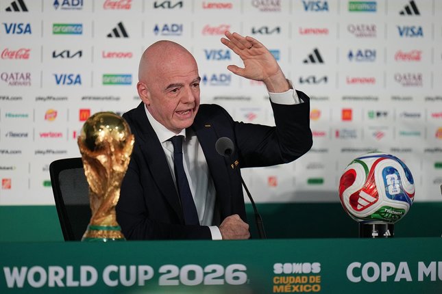 Presiden FIFA, Gianni Infantino berbicara dalam konferensi pers jelang pembukaan Piala Dunia 2026 di Mexico City, 10 Juni 2026. (c) AP Photo/Eduardo Verdugo