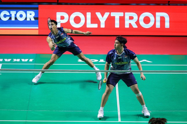 Sabar Karyaman Gutama/Mohammad Reza Pahlevi Isfahani saat berlaga di Indonesia Open 2026. (c) Bola.net/Bagaskara Lazuardi
