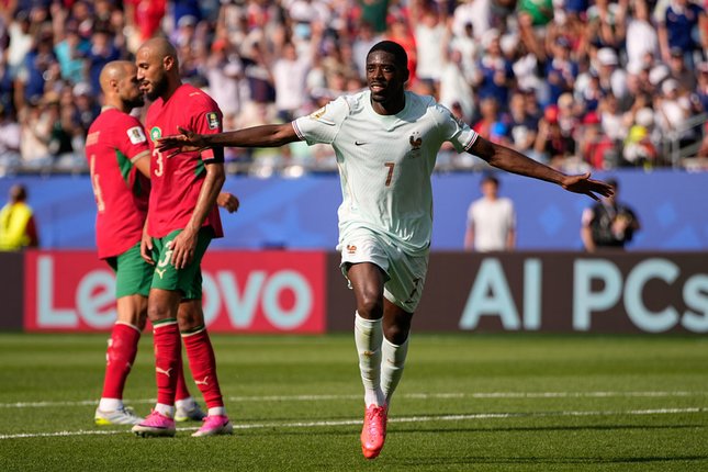 Produktivitas Tinggi Jadi Senjata Utama Les Bleus Selebrasi Ousmane Dembele usai membobol gawang Timnas Maroko di perempat final Piala Dunia 2026 (c) AP Photo/Matt Slocum