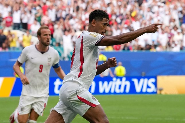 Laga Berikutnya Jude Bellingham berlari merayakan golnya ke gawang Norwegia di perempat final Piala Dunia 2026, Minggu (12/7/2026) (c) AP Photo/Rebecca Blackwell
