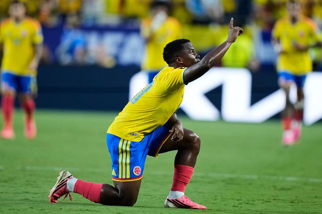 Babak Pertama Pemain Timnas Kolombia, Jhon Arias merayakan golnya ke gawang Ghana di 32 besar Piala Dunia 2026, Sabtu (4/7/2026) (c) AP Photo/Charlie Riedel