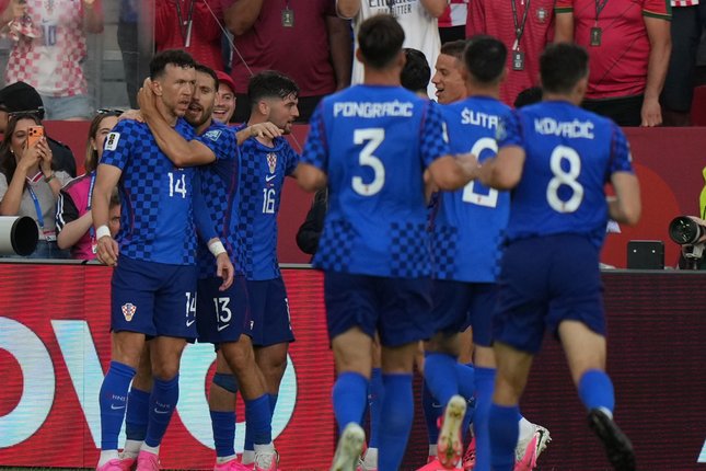 Susunan Pemain Kedua Tim Timnas Kroasia merayakan gol Ivan Perisic ke gawang Portugal di babak 32 besar Piala Dunia 2026, Jumat (3/7/2026) (c) AP Photo/Stephanie Scarbrough