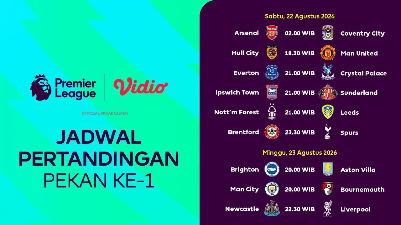 Jadwal Liga Inggris 2026/27: Tiga Laga Besar pada Matchweek Pembuka di Vidio Jadwal Liga Inggris 2026/27: Tiga Laga Besar pada Matchweek Pembuka di Vidio
