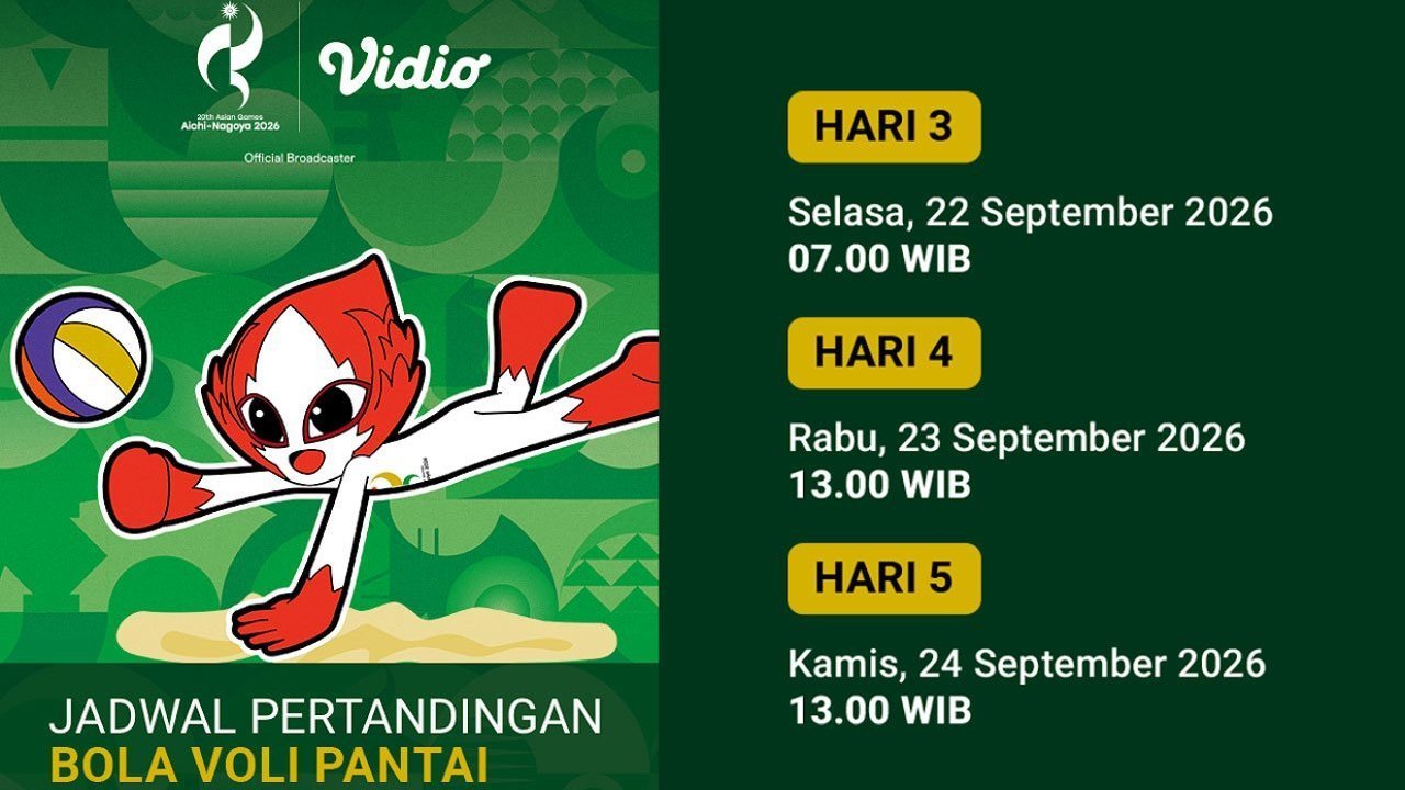 Jadwal Asian Games 2026 Beach Volleyball: Persaingan Fase Grup Putra & Putri Berlanjut Hanya di Vidio Jadwal Asian Games 2026 Beach Volleyball: Persaingan Fase Grup Putra & Putri Berlanjut Hanya di Vidio
