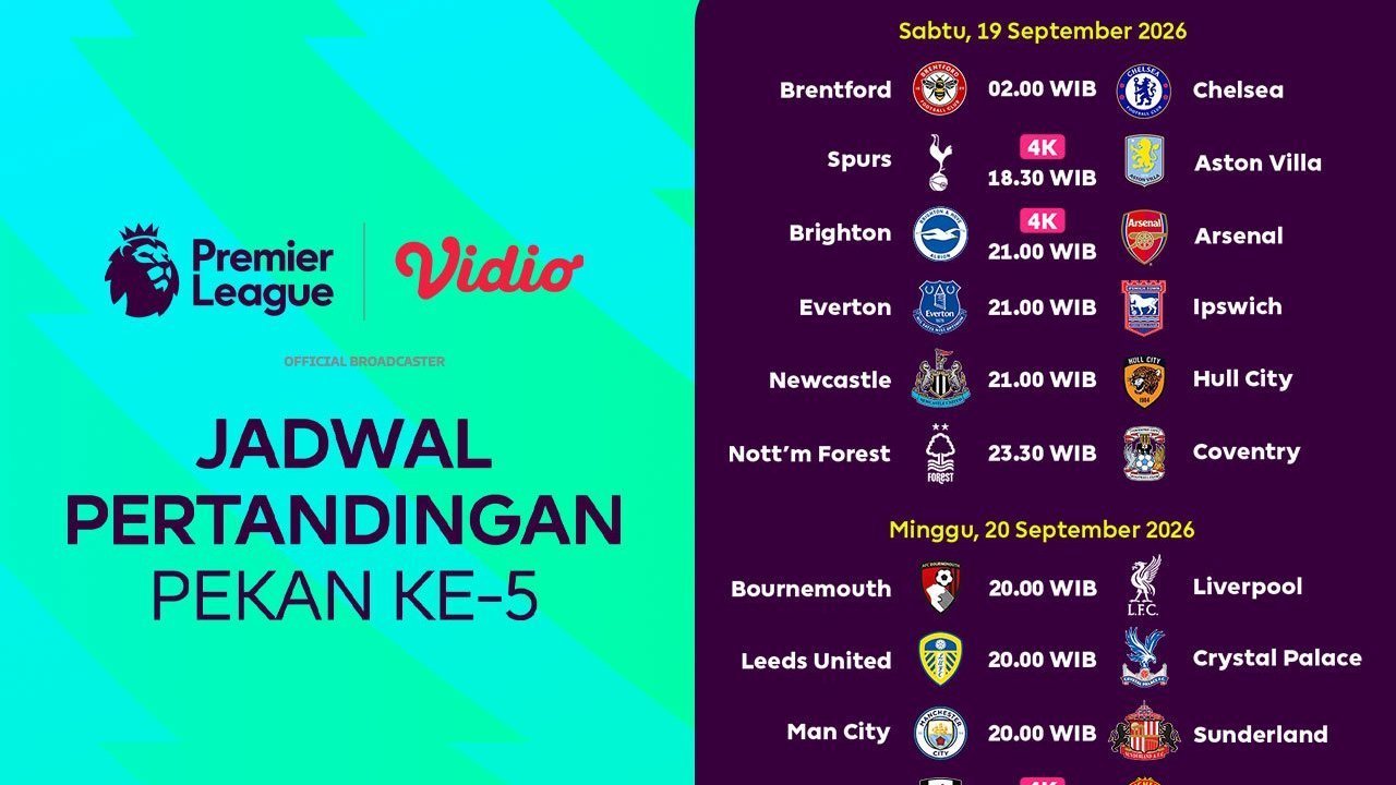 Jadwal Premier League 2026/27 Pekan Ke-5: Head-to-Head Beberapa Laga Menarik di Vidio Jadwal Premier League 2026/27 Pekan Ke-5: Head-to-Head Beberapa Laga Menarik di Vidio