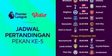 Jadwal Premier League 2026/27 Pekan Ke-5: Head-to-Head Beberapa Laga Menarik di Vidio Jadwal Premier League 2026/27 Pekan Ke-5: Head-to-Head Beberapa Laga Menarik di Vidio