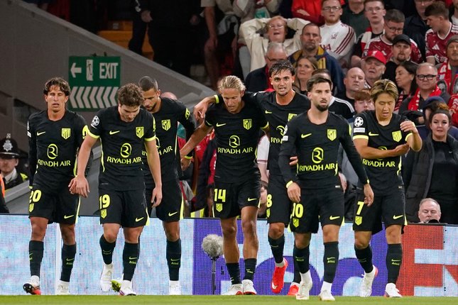 Prediksi Starting XI Atletico Madrid vs Man Utd Skuad Atletico Madrid merayakan gol Marcos Llorente ke gawang Liverpool, Kamis (10/9/2026) (c) AP Photo/Dave Thompson