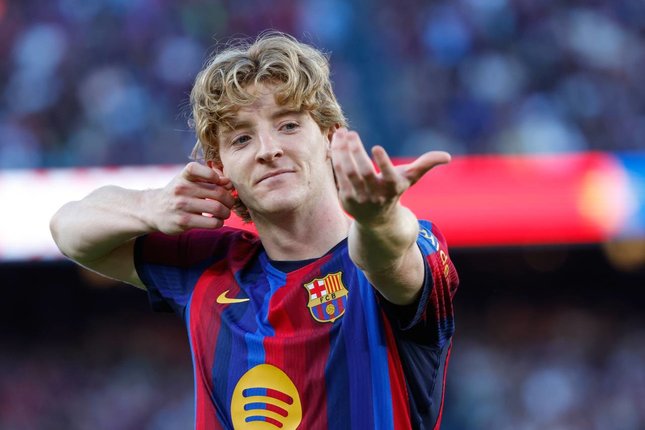 Menunggu Lama Pemain Barcelona Anthony Gordon merayakan gol dalam pertandingan La Liga melawan Getafe, Sabtu (10/10/2026). (c) AP Photo/Joan Monfort