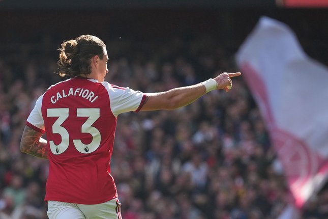 Pemain Arsenal Riccardo Calafiori merayakan gol dalam laga Premier League antara Arsenal vs Leeds United di London, Inggris, Sabtu, 10 Oktober 2026 (c) AP Photo/Alastair Grant