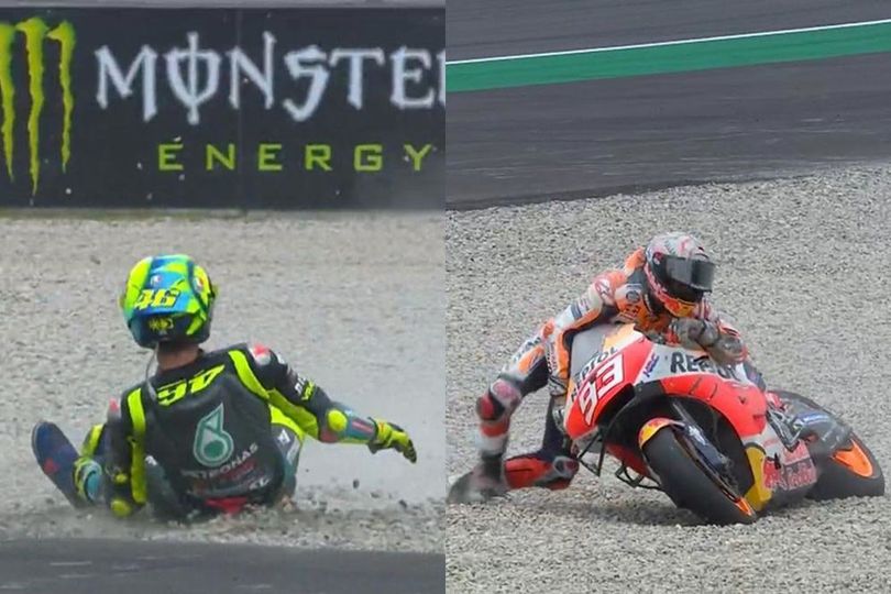 Ekspektasi Sama Tinggi, Valentino Rossi-Marc Marquez Justru Kompak Jatuh di Catalunya