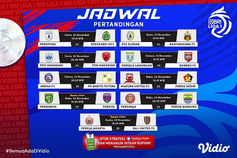 Live Streaming BRI Liga 1 2021/2022 Pekan Ke-13 di Vidio, 22-25 November 2021