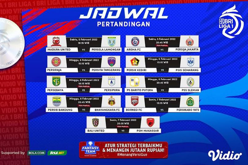 Jadwal Live Streaming BRI Liga 1 2021/2022 di Vidio, Minggu 6 Februari 2022 Jadwal Live Streaming BRI Liga 1 2021/2022 di Vidio, Minggu 6 Februari 2022