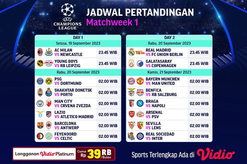 Jadwal Siaran Langsung Liga Champions 2023/2024 Pekan Perdana di Vidio