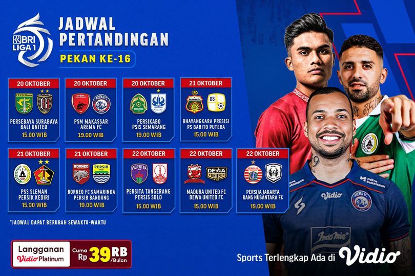 Jadwal Siaran Langsung BRI Liga 1 2023/2024 Pekan 16 Di Vidio, 20 - 22 ...