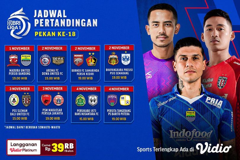 Jadwal Live Streaming BRI Liga 1 2023/2024 Pekan 18 di Vidio, 1-4 November 2023