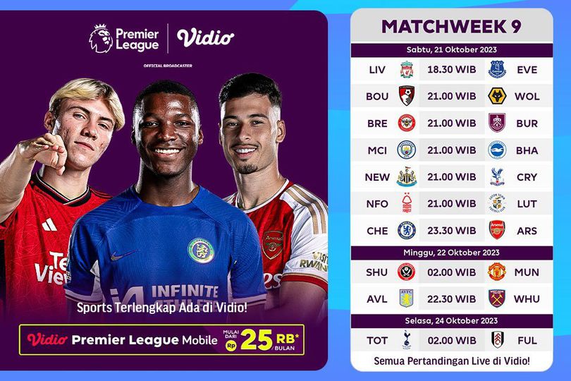 Jadwal Live Streaming Liga Inggris 2023/2024 Pekan ke-9 di Vidio