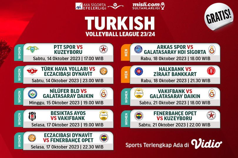 Jadwal Liga Voli Turki 2023/2024 Pekan Perdana di Vidio, 14-21 Oktober 2023