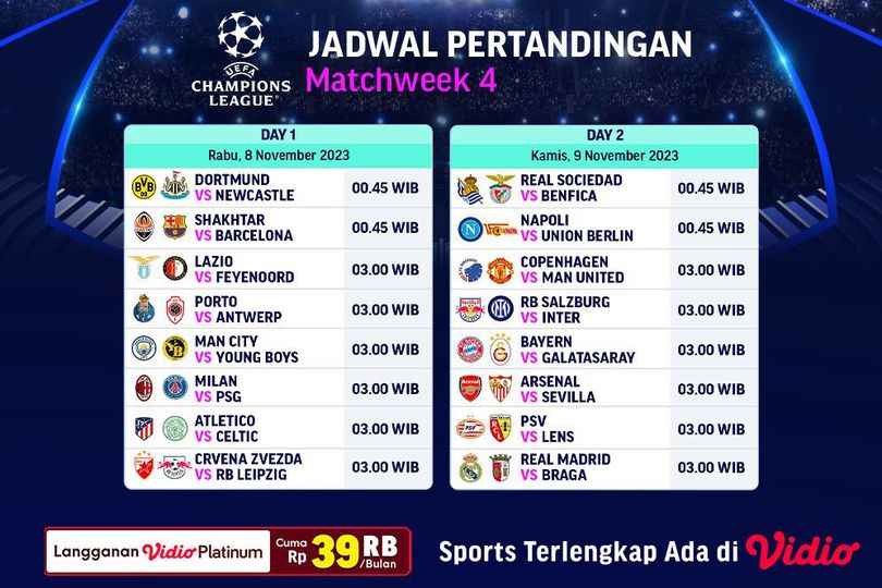 Jadwal Live Streaming Liga Champions 2023/2024 Matchday Ke-4 Di Vidio ...