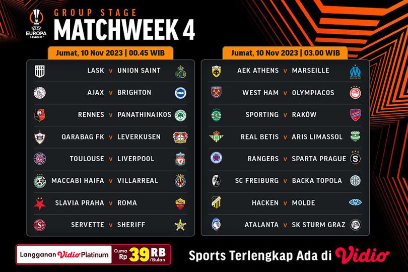 Jadwal Live Streaming Liga Europa 2023/2024 Matchday 4 di Vidio, 10 November 2023