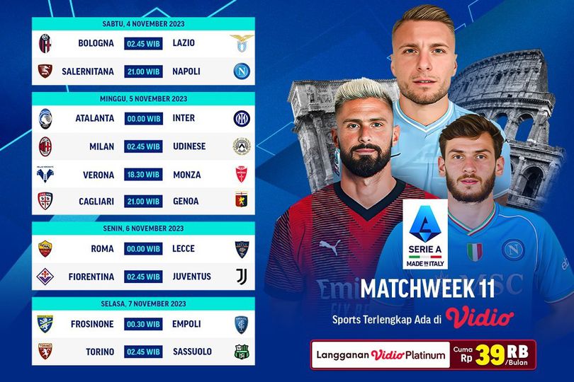 Jadwal Siaran Langsung Liga Italia 2023/2024 Matchweek 11 di Vidio, 4-7 November 2023