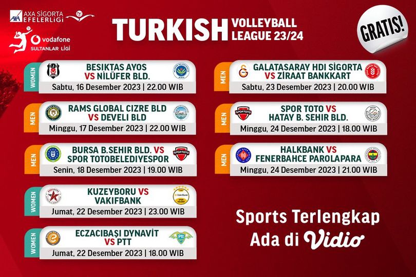 Jadwal Live Streaming Turkish Volleyball League 2023 Matchweek 8 di Vidio, 22-24 Desember 2023