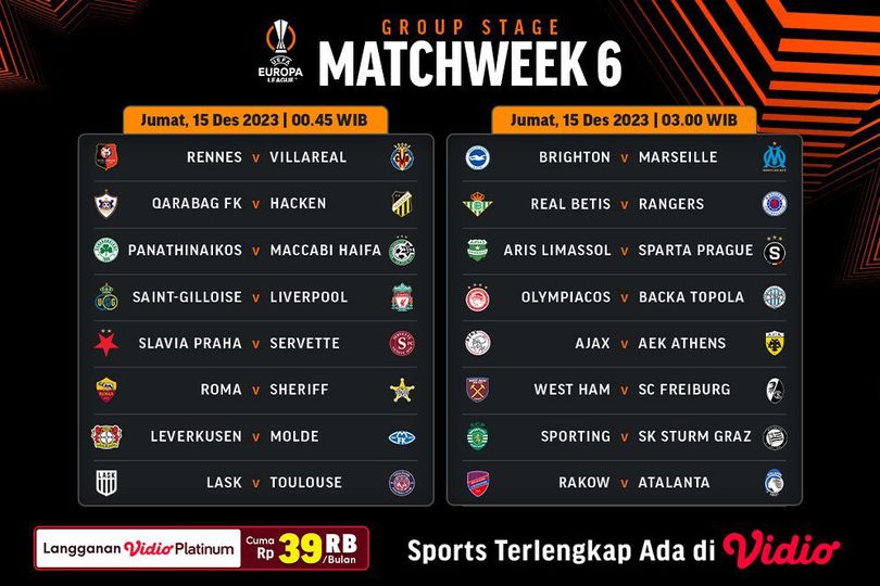 Jadwal Siaran Langsung Liga Europa 2023/2024 Matchweek 6 di Vidio, 15 Desember 2023
