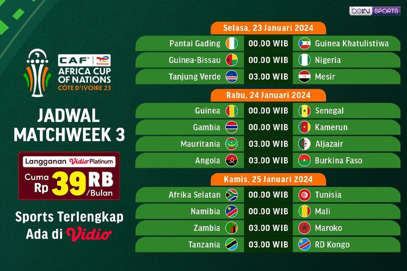 Jadwal Live Streaming AFCON 2024 Matchweek 3 di Vidio, 23-25 Januari 2024