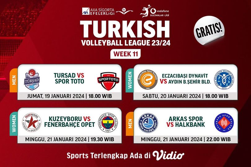 Link Siaran Langsung Liga Voli Turki 2023/2024 Week 11 di Vidio Pekan Ini Link Siaran Langsung Liga Voli Turki 2023/2024 Week 11 di Vidio Pekan Ini