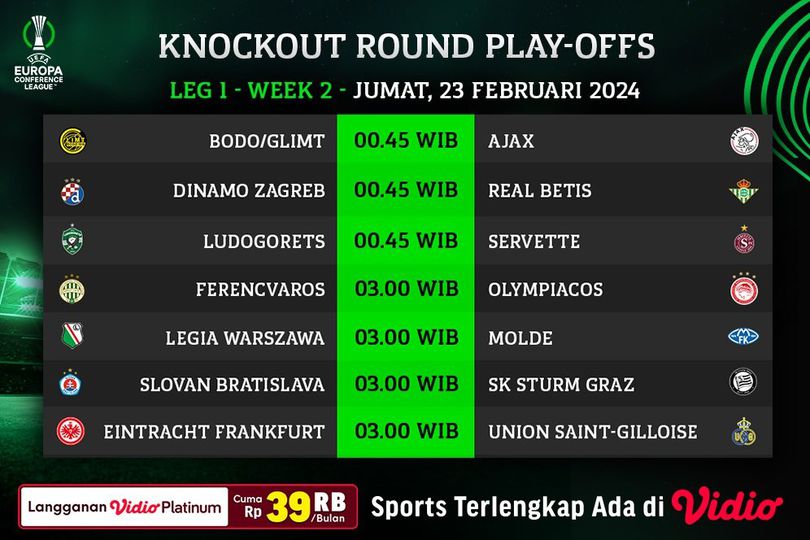 Jadwal Siaran Langsung UEFA Conference League 2023/2024 Playoff 16 Besar Leg 2 di Vidio Jadwal Siaran Langsung UEFA Conference League 2023/2024 Playoff 16 Besar Leg 2 di Vidio