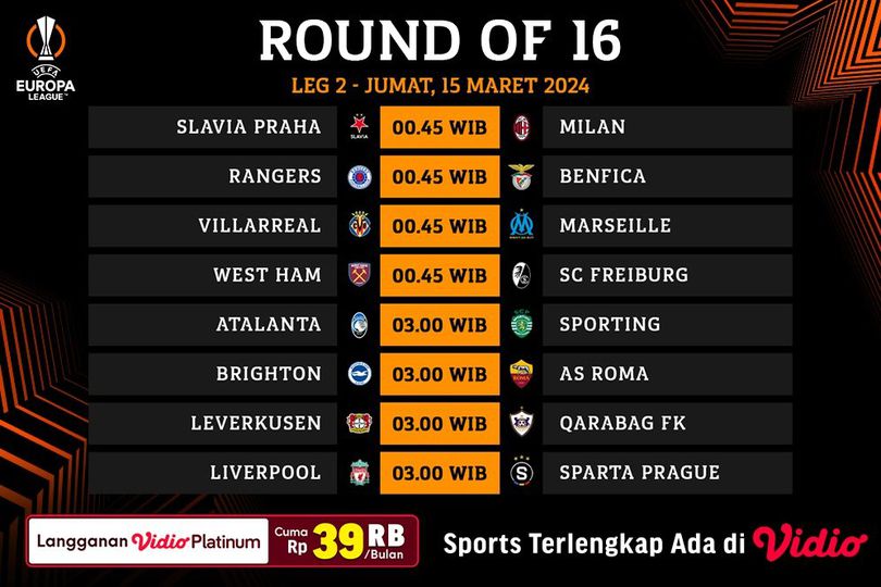 Jadwal Siaran Langsung Liga Europa 2023/2024 Babak 16 Besar Leg Kedua di Vidio, 15 Maret 2024