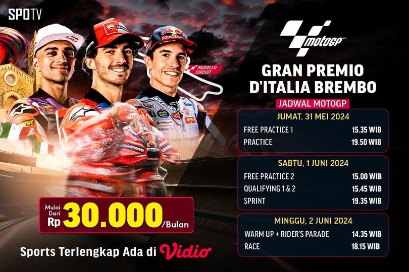 Jadwal Live Streaming MotoGP 2024 Italia di Vidio Pekan Ini, 31 Mei-2 Juni 2024