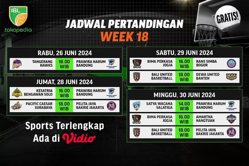Jadwal Siaran Langsung Pekan 18 IBL Tokopedia 2024 di Vidio, 26-30 Juni 2024