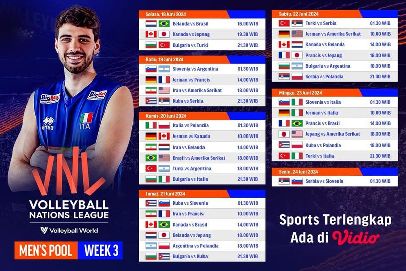 Jadwal Siaran Langsung Pekan 3 Putaran I Men's VNL 2024 di Vidio, 18-24 Juni 2024