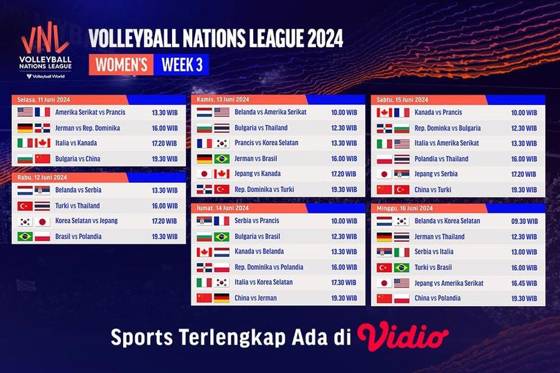 Jadwal Live Streaming Pekan 3 Womens VNL 2024 di Vidio, 11-16 Juni 2024