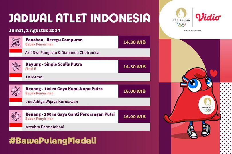 Jadwal Siaran Langsung Indonesia di Olimpiade Paris 2024 di Vidio, 2 Agustus 2024