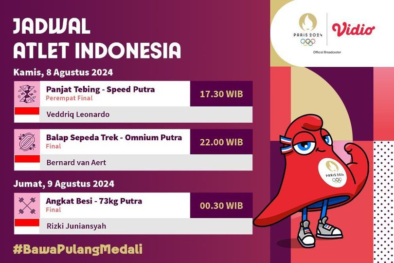 Jadwal Indonesia Olimpiade Paris 2024 di Vidio Hari Ini, Cek Siaran Langsungnya Jadwal Indonesia Olimpiade Paris 2024 di Vidio Hari Ini, Cek Siaran Langsungnya