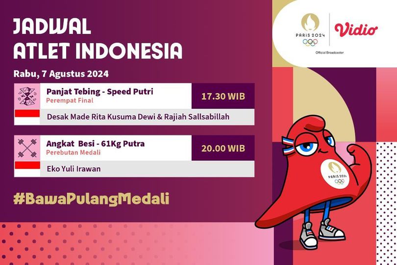 Jadwal Siaran Langsung Tim Indonesia dan Olimpiade Paris 2024 di Vidio, 7 Agustus 2024