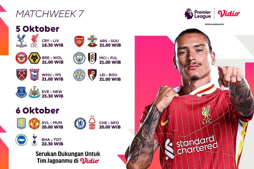 Jadwal Siaran Langsung Liga Inggris 2024/25 Matchweek 7 di Vidio Pekan Ini