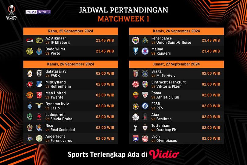 Jadwal Siaran Langsung Liga Europa 2024/25 Matchweek 1 di Vidio Pekan Ini Jadwal Siaran Langsung Liga Europa 2024/25 Matchweek 1 di Vidio Pekan Ini