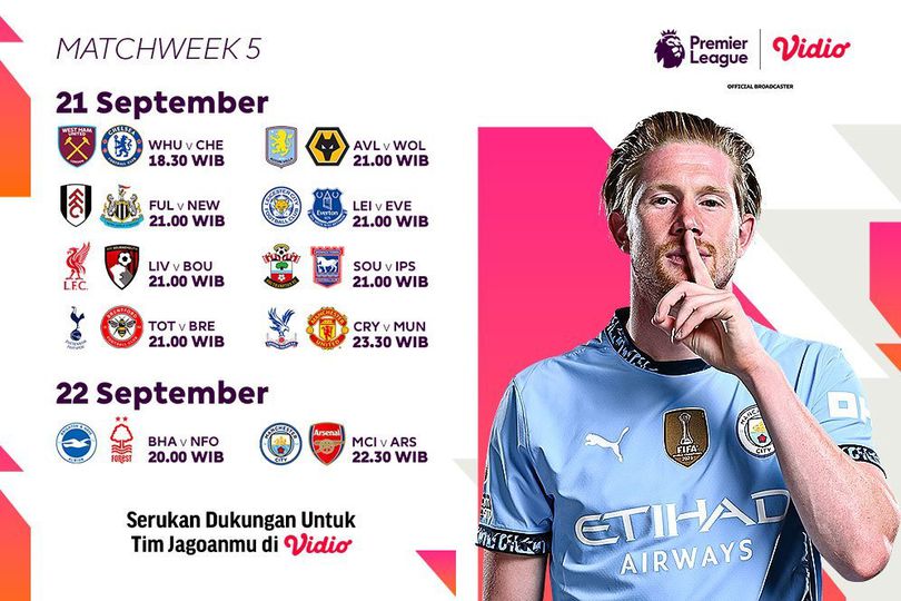 Link Live Streaming Liga Inggris Matchweek 5 di Vidio Akhir Pekan Ini
