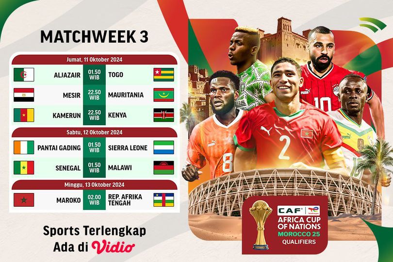 Jadwal dan Link Siaran Langsung TotalEnergies AFCON Qualifiers Matchday 3 di Vidio Tengah Pekan Ini Jadwal dan Link Siaran Langsung TotalEnergies AFCON Qualifiers Matchday 3 di Vidio Tengah Pekan Ini