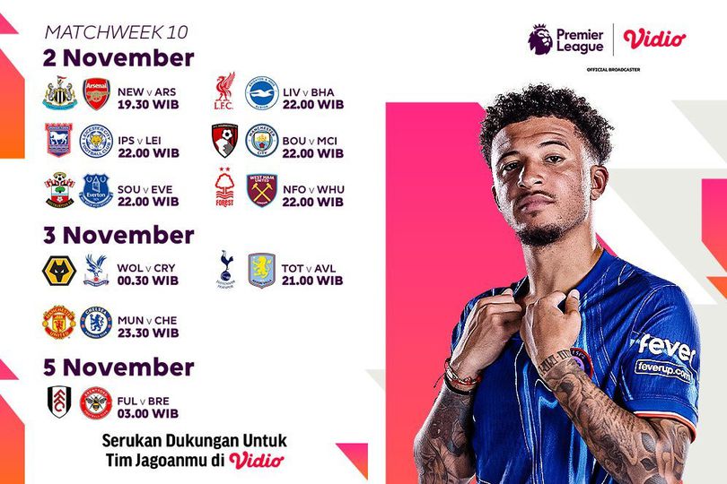 Jadwal Siaran Langsung Liga Inggris 2024/25 Matchweek 10 di Vidio Pekan Ini