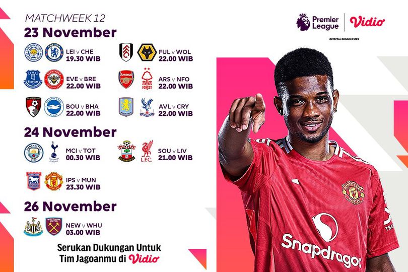 Jadwal Siaran Langsung Liga Inggris 2024/25 Matchweek 12 di Vidio Akhir Pekan Ini Jadwal Siaran Langsung Liga Inggris 2024/25 Matchweek 12 di Vidio Akhir Pekan Ini