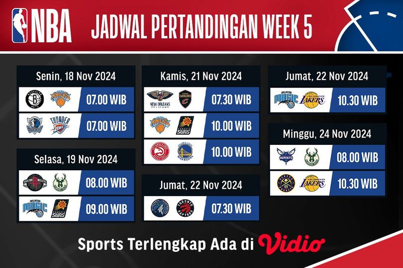 Jadwal Live Streaming Pertandingan NBA Season 2024/25 Week 5 Pekan Ini di Vidio