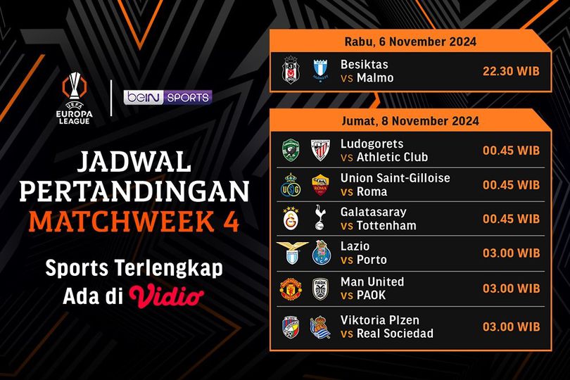 Jadwal Siaran Langsung Liga Europa 2024/25 Matchweek 4 di Vidio pekan Ini Jadwal Siaran Langsung Liga Europa 2024/25 Matchweek 4 di Vidio pekan Ini