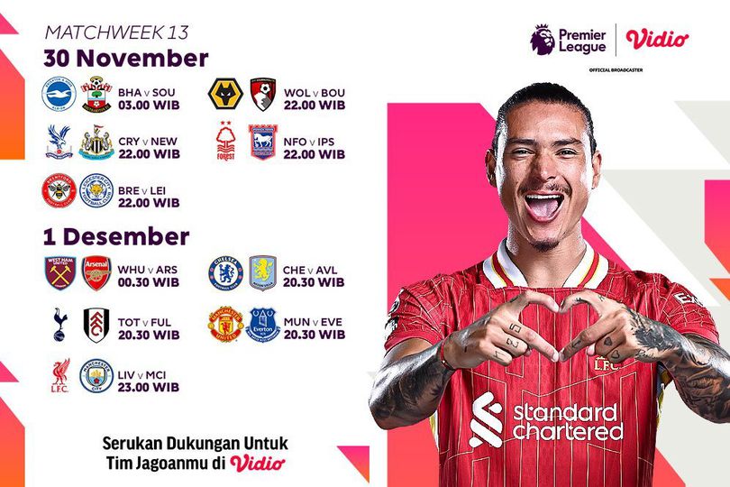 Jadwal Siaran Langsung Premier League 2024/25 Matchweek 13 Akhir Pekan Ini di Vidio Jadwal Siaran Langsung Premier League 2024/25 Matchweek 13 Akhir Pekan Ini di Vidio