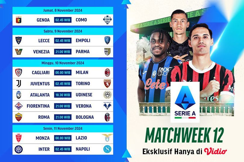 Jadwal Live Streaming Pertandingan Liga Italia 2024/25 Matchweek 12 Pekan Ini di Vidio